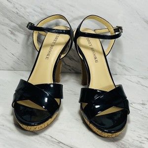 Audrey Brooke Womens Sz 6.5 Cork Heels Black Patent Strappy 4”HEEL